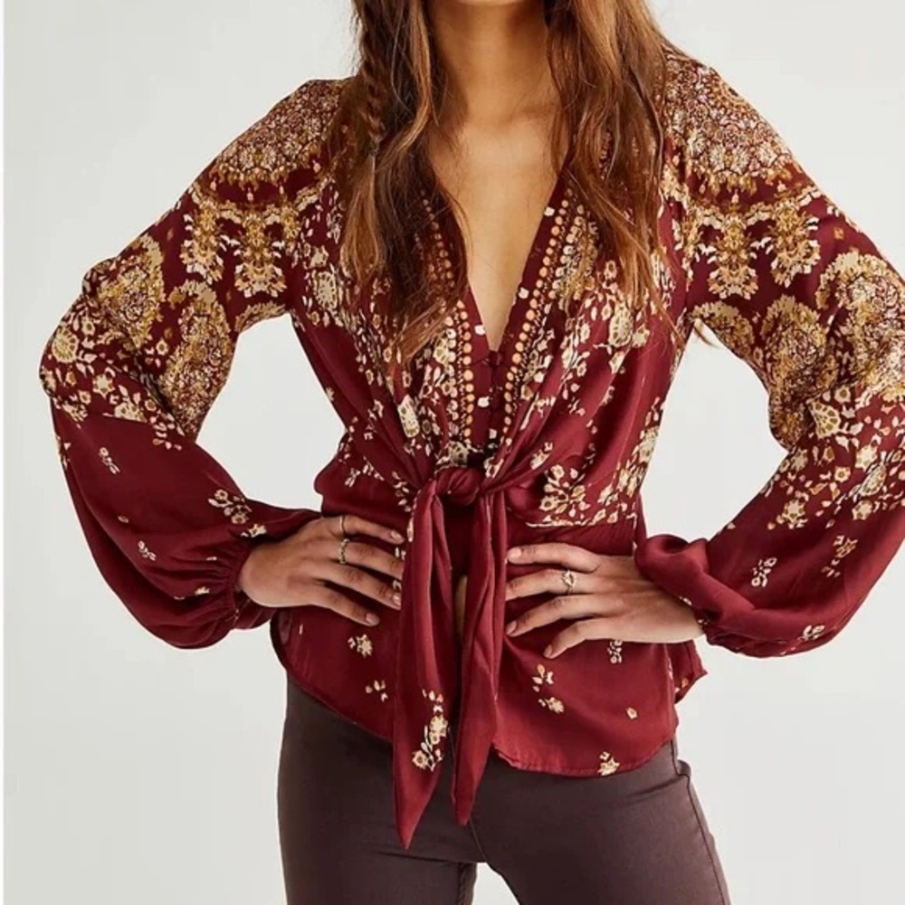 Free People Burgundy Floral Tie-Front Blouse